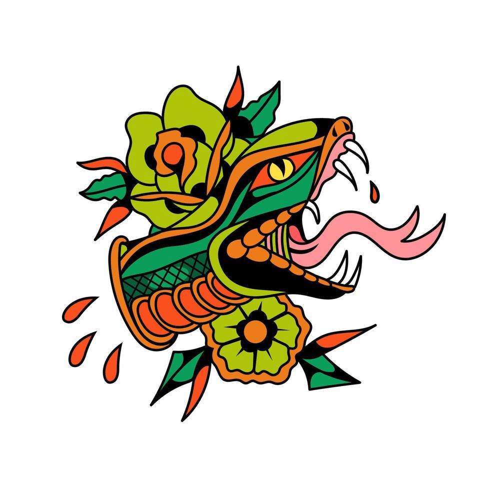 illustration de serpent fleur pour tatouage vecteur