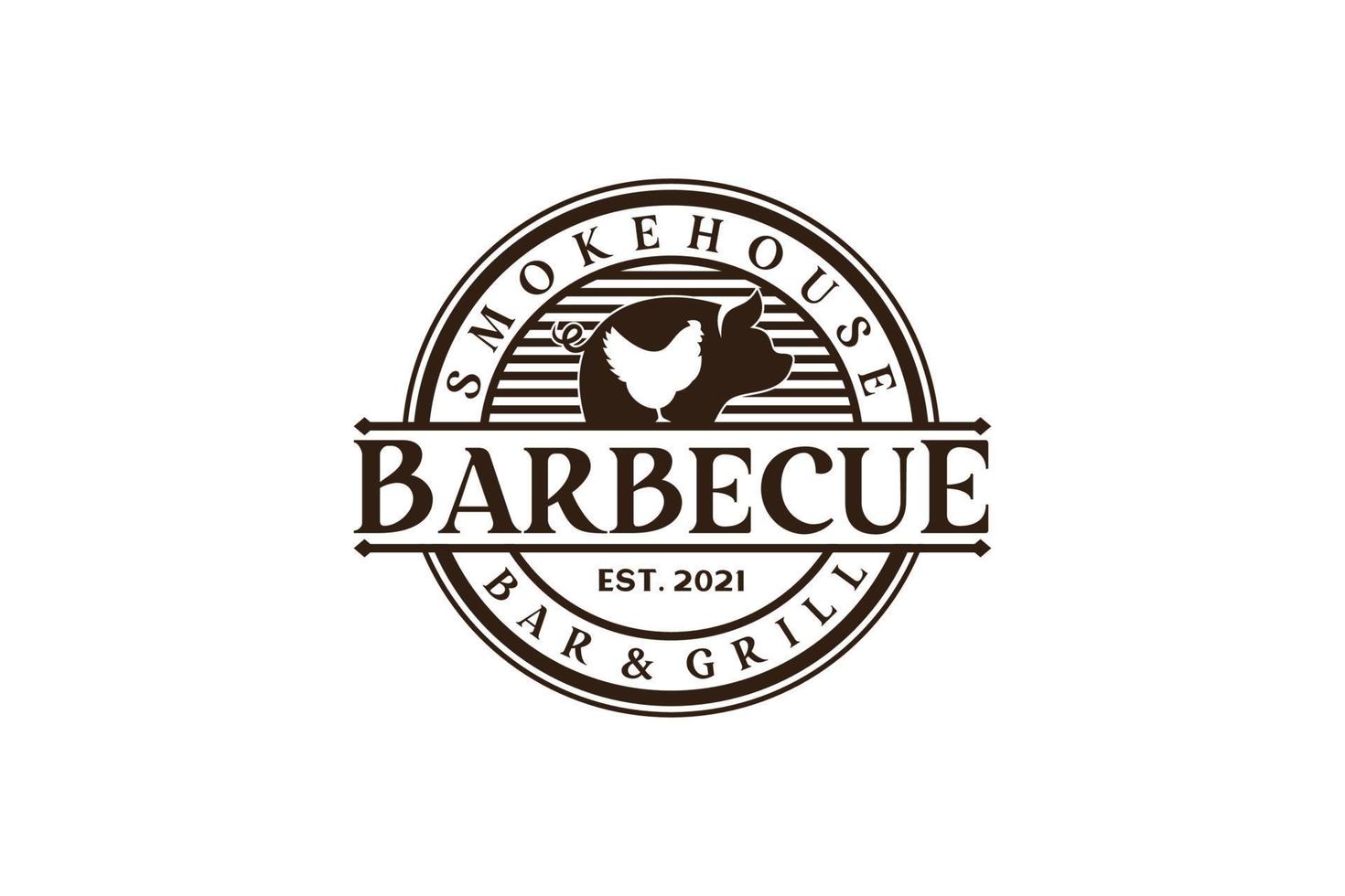 barbecue rustique rétro vintage, barbecue, vecteur de conception de logo de timbre d'étiquette de barbecue