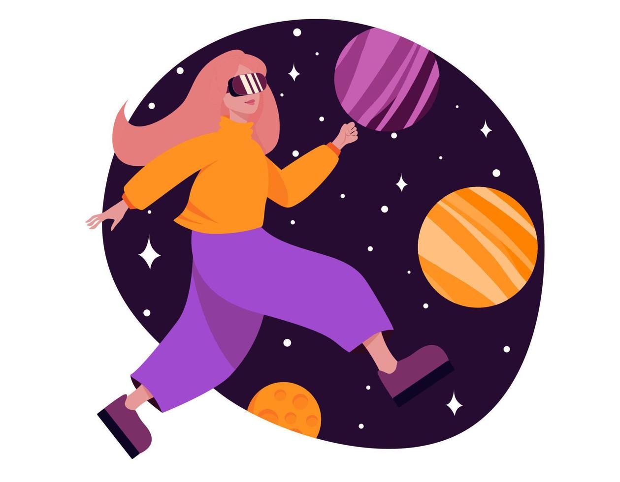 concept de métaverse ou de réalité virtuelle. femme avec des lunettes et un casque vr connecté à l'espace virtuel. illustration de vecteur plat coloré de dessin animé.