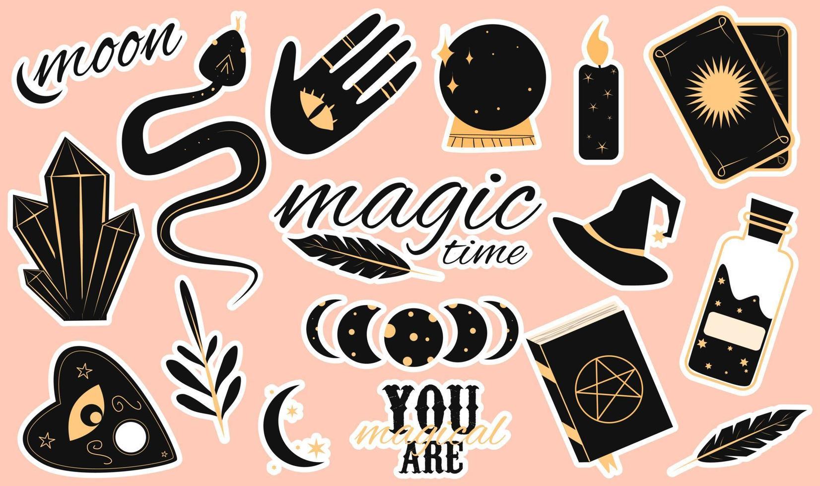grands autocollants magiques de sorcellerie. main magique occulte, symbole mystique de sorcière, bras dessinés à la main de sorcellerie avec ensemble d'icônes d'illustration de lune et de cristal. sorcellerie spirituelle, éléments ésotériques mystiques. vecteur