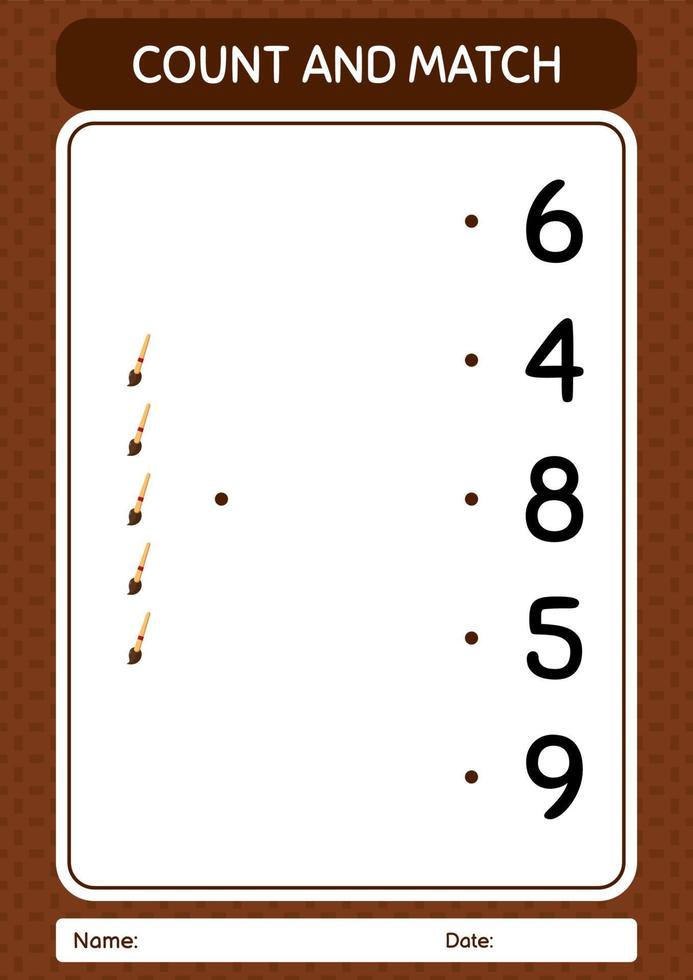 comptez et faites correspondre le jeu avec un pinceau. feuille de travail pour les enfants d'âge préscolaire, feuille d'activité pour enfants vecteur