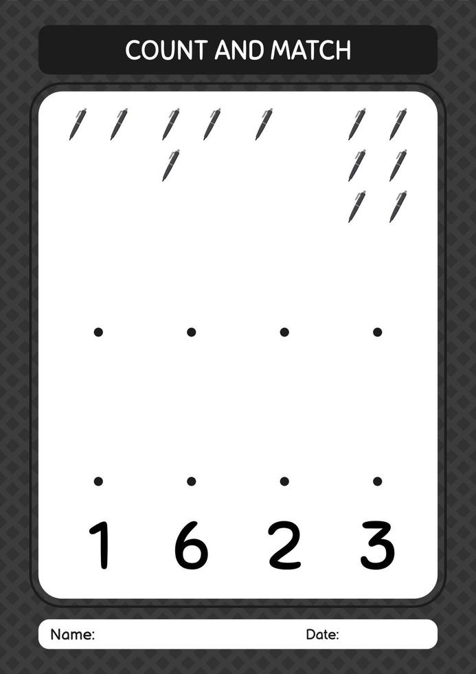 comptez et faites correspondre le jeu avec un stylo. feuille de travail pour les enfants d'âge préscolaire, feuille d'activité pour enfants vecteur