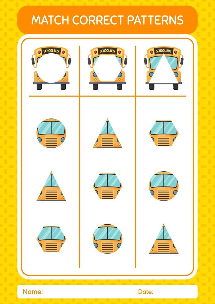 jeu de modèle de correspondance avec le bus scolaire. feuille de travail pour les enfants d'âge préscolaire, feuille d'activité pour enfants vecteur