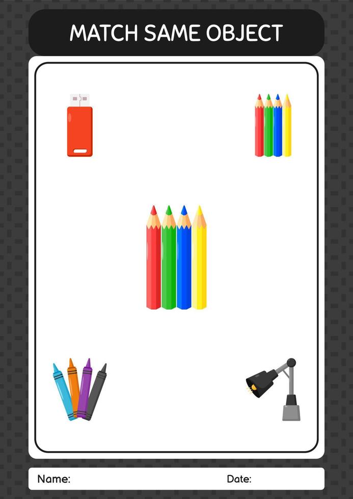 match avec le même crayon de couleur de jeu d'objet. feuille de travail pour les enfants d'âge préscolaire, feuille d'activité pour enfants vecteur