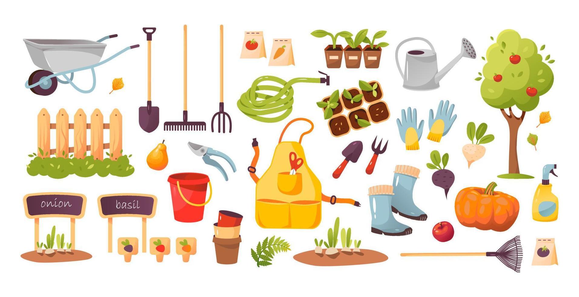 ensemble de jardin, ferme et agriculture. outils de jardinage. récolter. illustration vectorielle de dessin animé vecteur