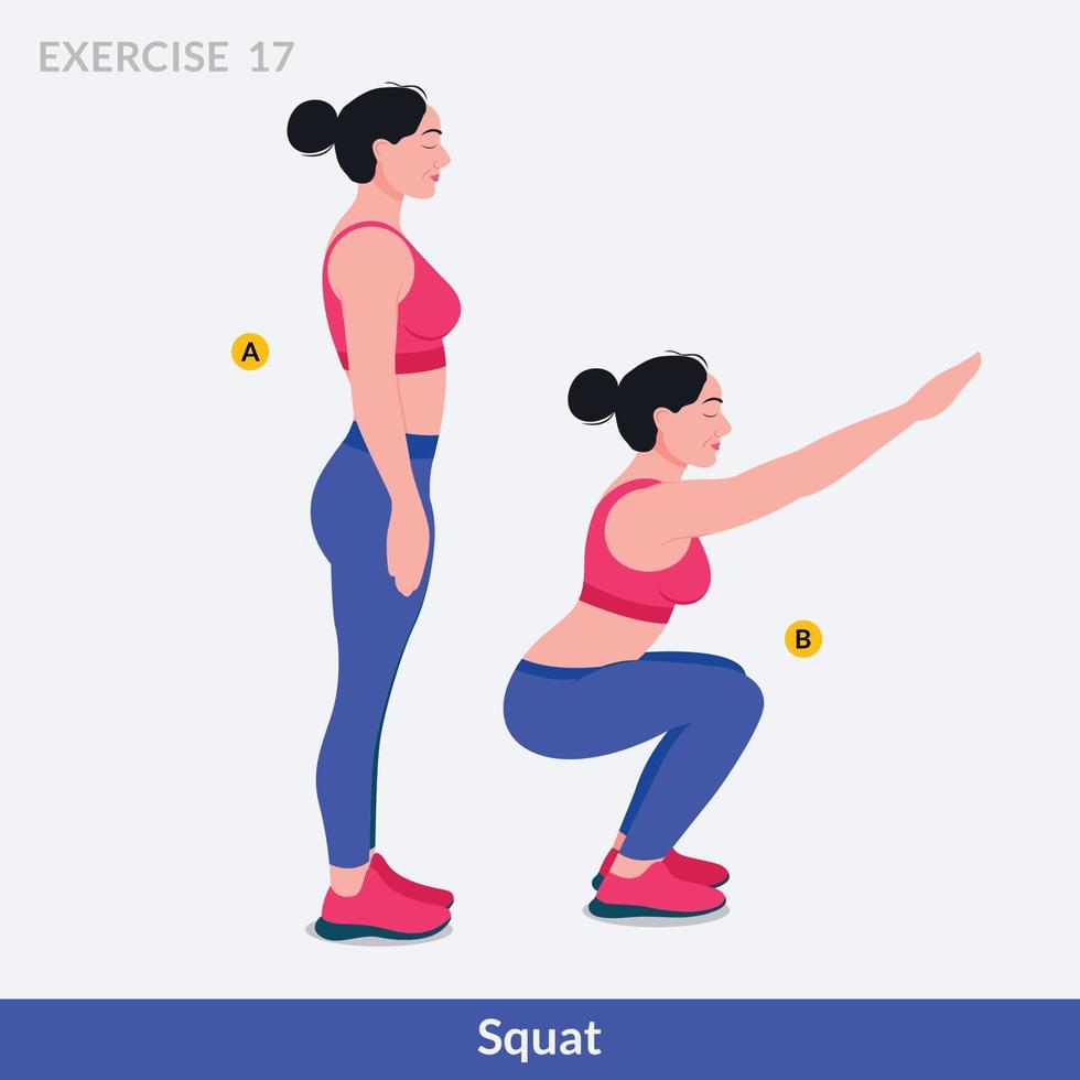 exercice de squat, fitness d'entraînement de femme, aérobie et exercices. vecteur