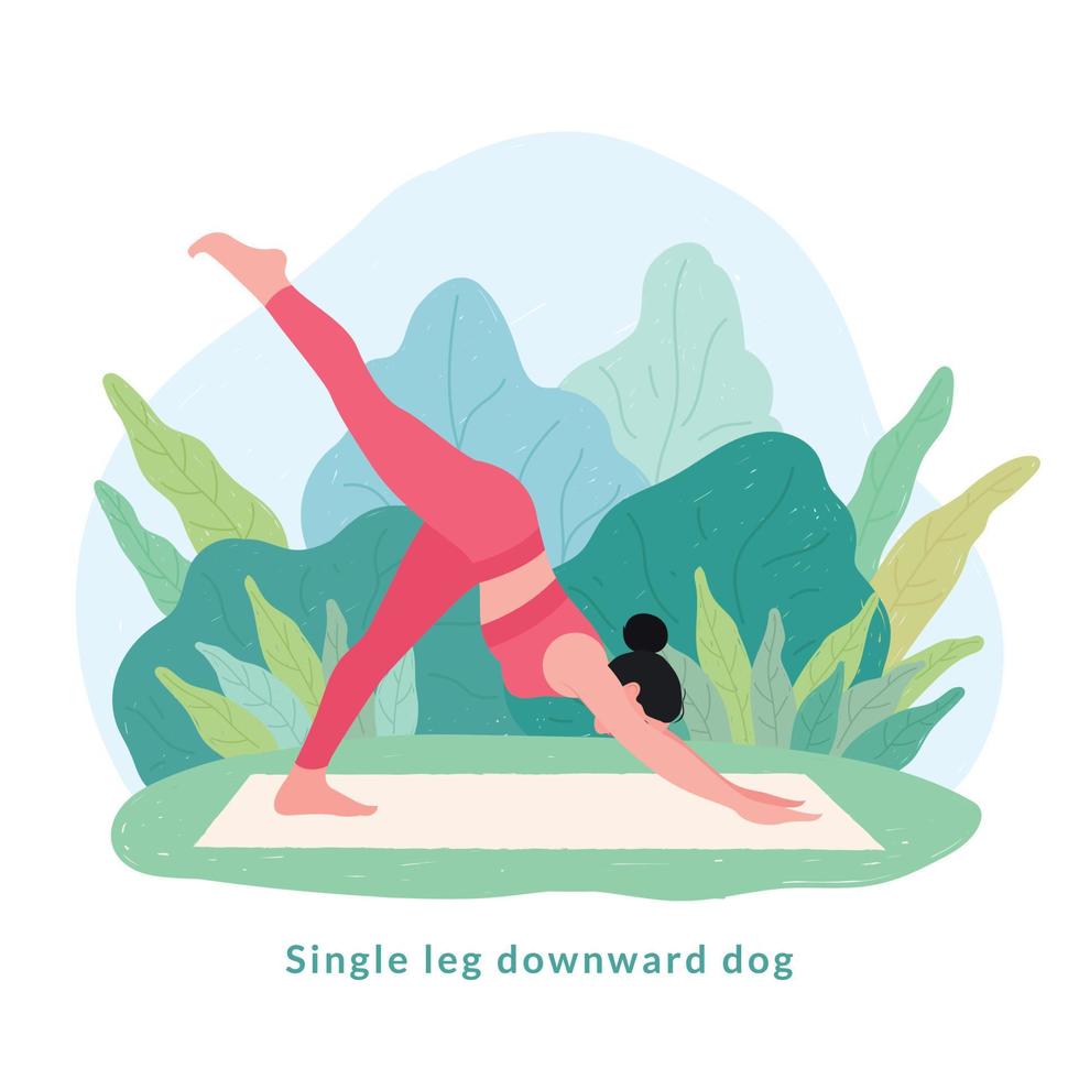 pose de yoga pour chien à une jambe vers le bas. jeune femme femme faisant du yoga pour la célébration de la journée du yoga. vecteur