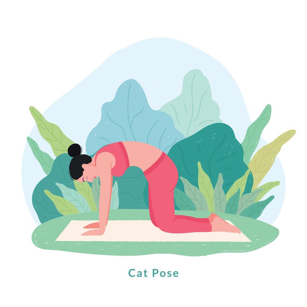 pose de yoga pour chat. jeune femme femme faisant du yoga pour la célébration de la journée du yoga. vecteur