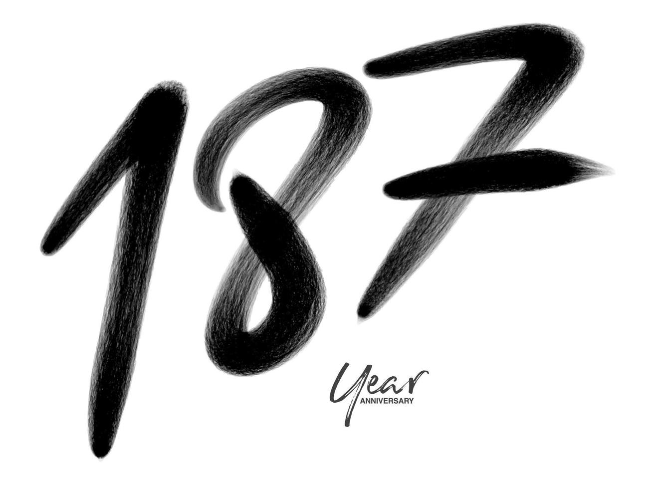 Modèle vectoriel de célébration d'anniversaire de 187 ans, création de logo de 187 numéros, 187e anniversaire, numéros de lettrage noir brosse dessin croquis dessiné à la main, illustration vectorielle de numéro de conception de logo