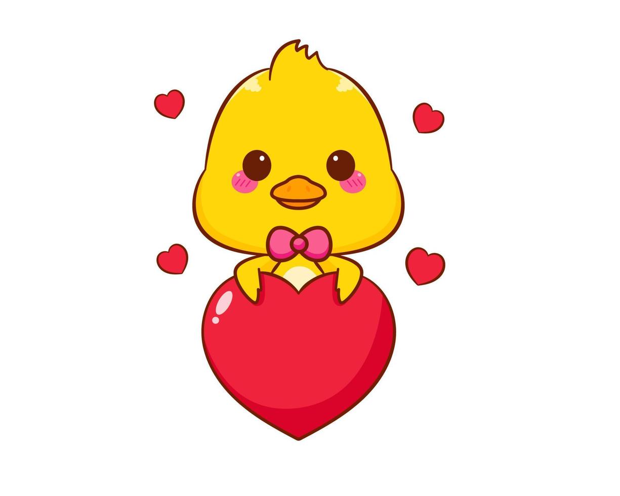 mignon petit canard avec grand amour coeur personnage de dessin animé isolé fond blanc. illustration de l'art vectoriel