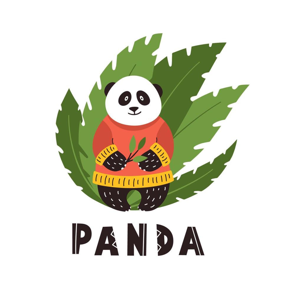 panda dans un pull rouge sur fond de feuilles tropicales vecteur