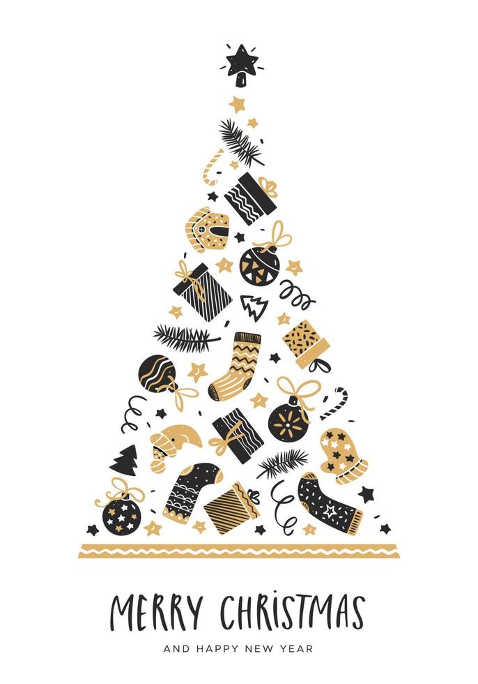 carte de voeux avec un arbre de noël d'éléments décoratifs festifs vecteur