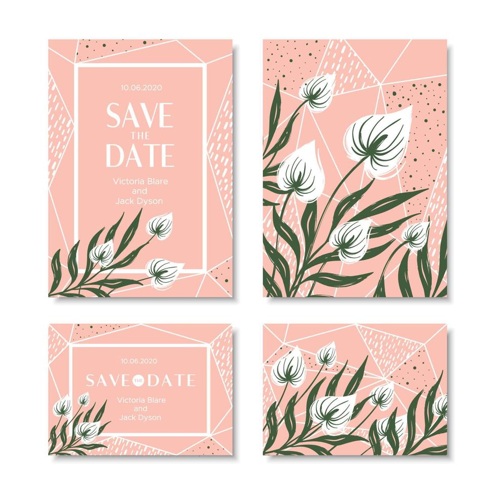 cartes d'invitation de mariage avec des feuilles et des fleurs tropicales vecteur