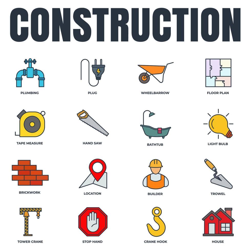 ensemble d'illustration vectorielle de construction icône logo. maison, grue à tour, constructeur, scie à main, prise, plomberie, baignoire et plus modèle de symbole de pack pour la collection de conception graphique et web vecteur