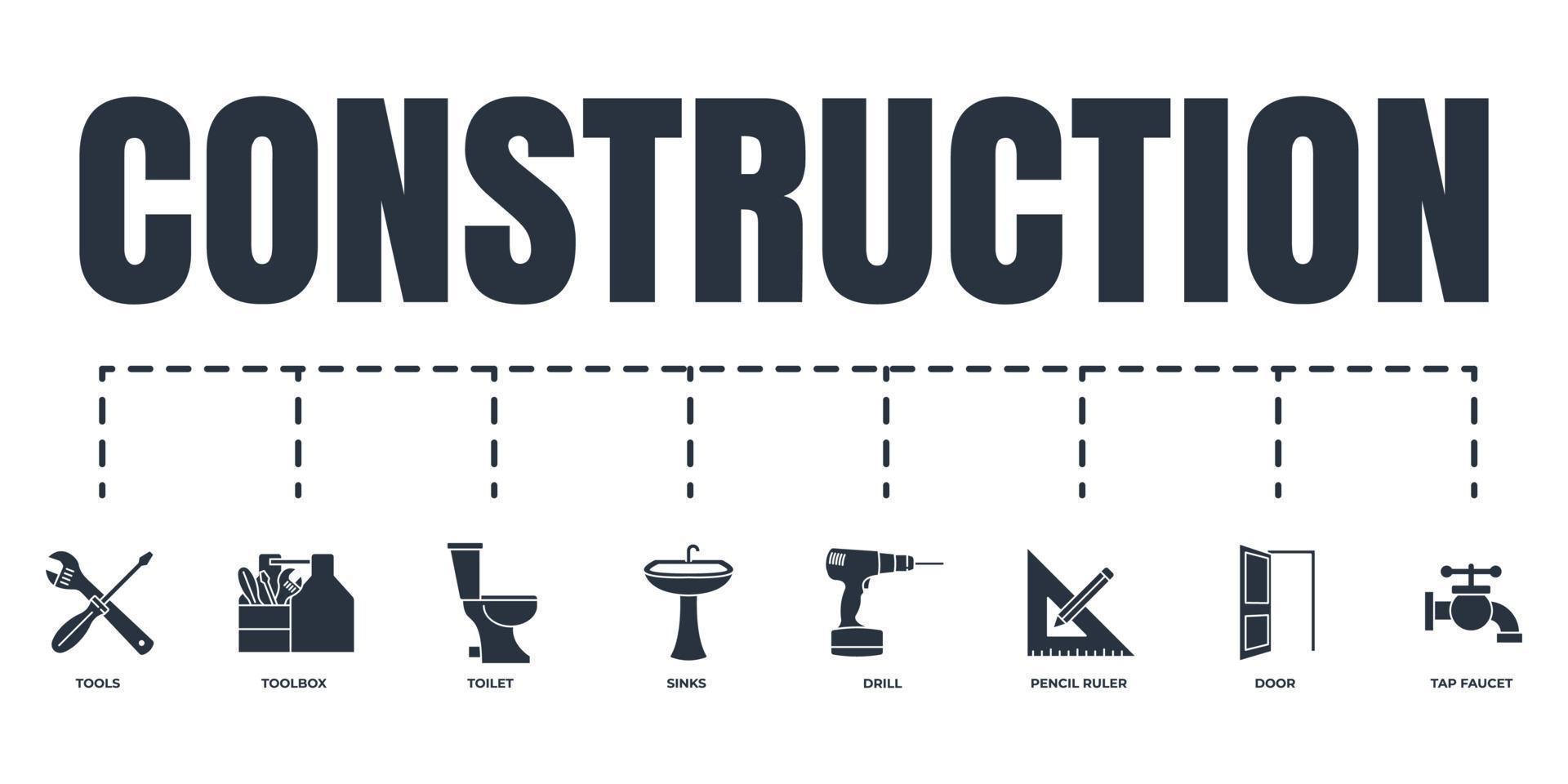 ensemble d'icônes web de bannière de construction. toilettes, robinet de robinet, outils, boîte à outils, perceuse, porte, crayon et règle, concept d'illustration vectorielle d'éviers. vecteur