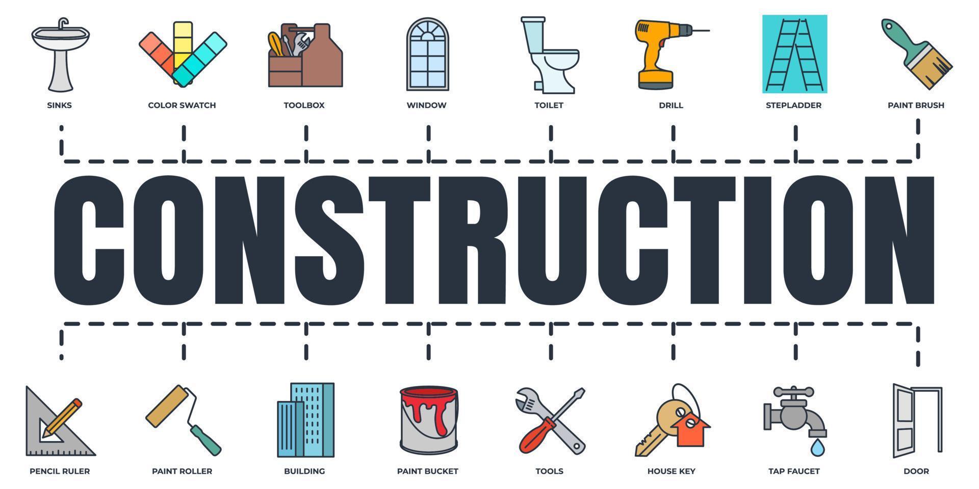 ensemble d'icônes web de bannière de construction. outils, boîte à outils, perceuse, porte, échantillon de couleur, rouleau à peinture, seau de peinture et plus de concept d'illustration vectorielle. vecteur