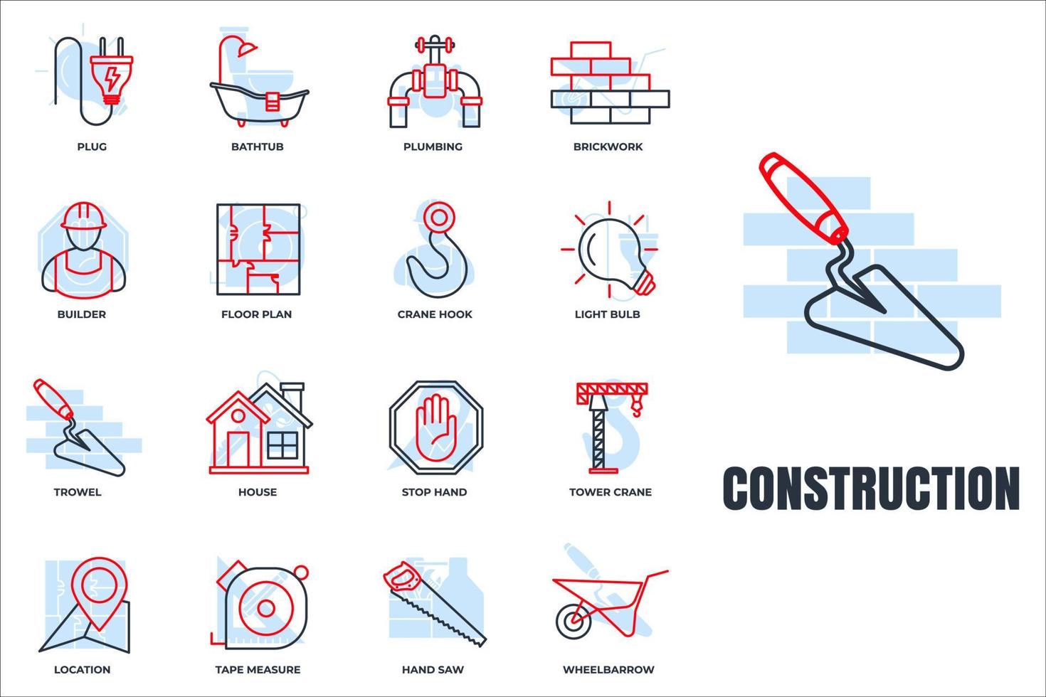 ensemble d'illustration vectorielle de construction icône logo. maison, grue à tour, constructeur, scie à main, prise, plomberie, baignoire et plus modèle de symbole de pack pour la collection de conception graphique et web vecteur