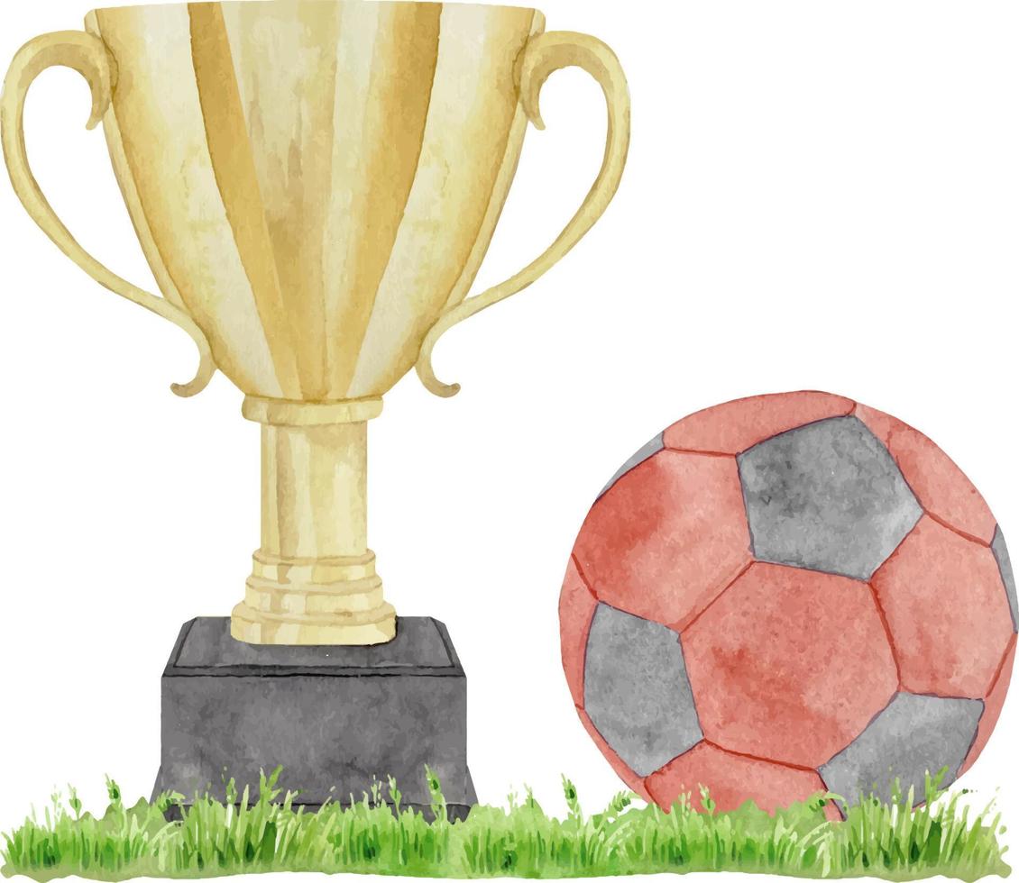 coupe de prix de sport jaune doré dessiné à la main à l'aquarelle avec ballon de football pour le gagnant, première place, victoire isolée sur blanc. vecteur