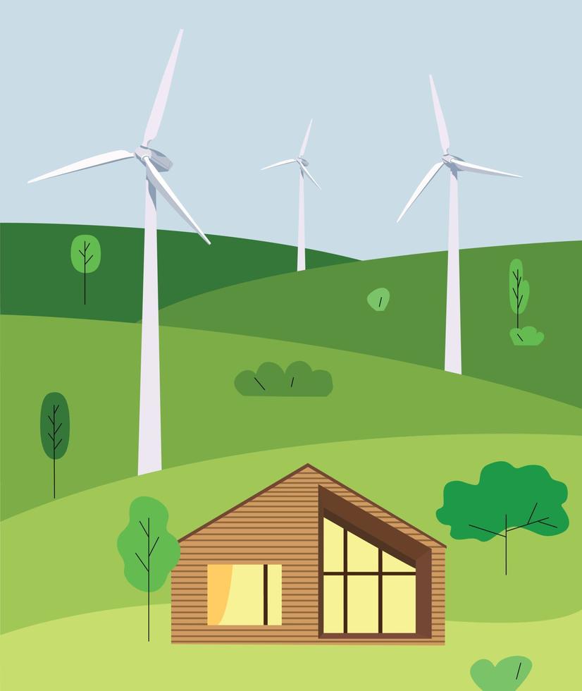 les parcs éoliens sur le terrain fournissent de l'énergie à la maison. éoliennes à énergie verte sur terre. éoliennes. illustration vectorielle. énergie propre. sauver la planète. vecteur