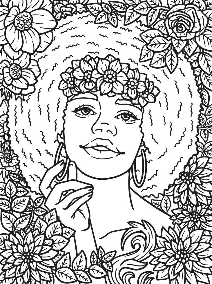 fille afro-américaine avec une couronne de fleurs à colorier vecteur