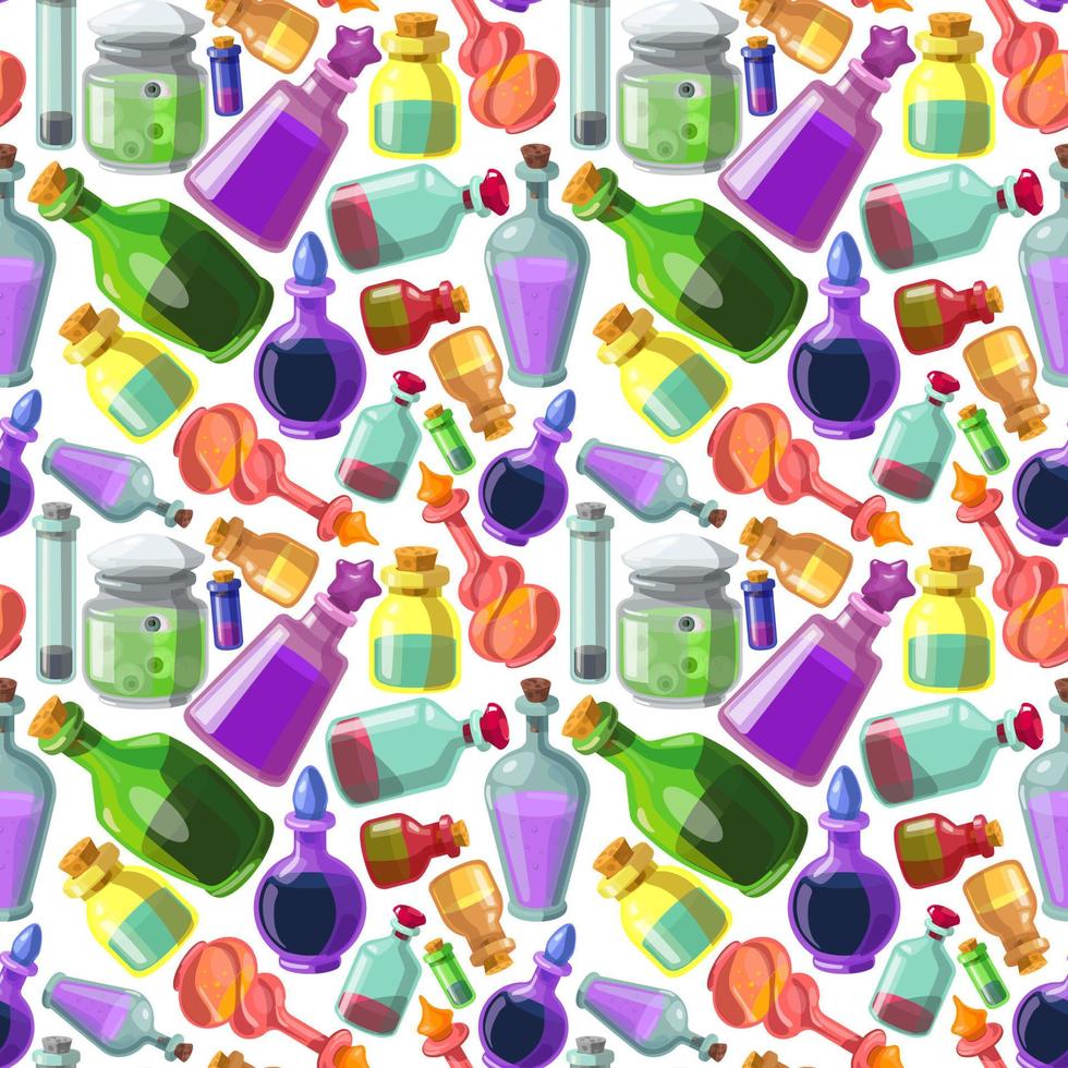modèle vectorielle continue de bouteilles de poison. un ensemble de bouteilles en verre colorées. poisons, potions, liquides en récipients. bocaux d'halloween. vecteur