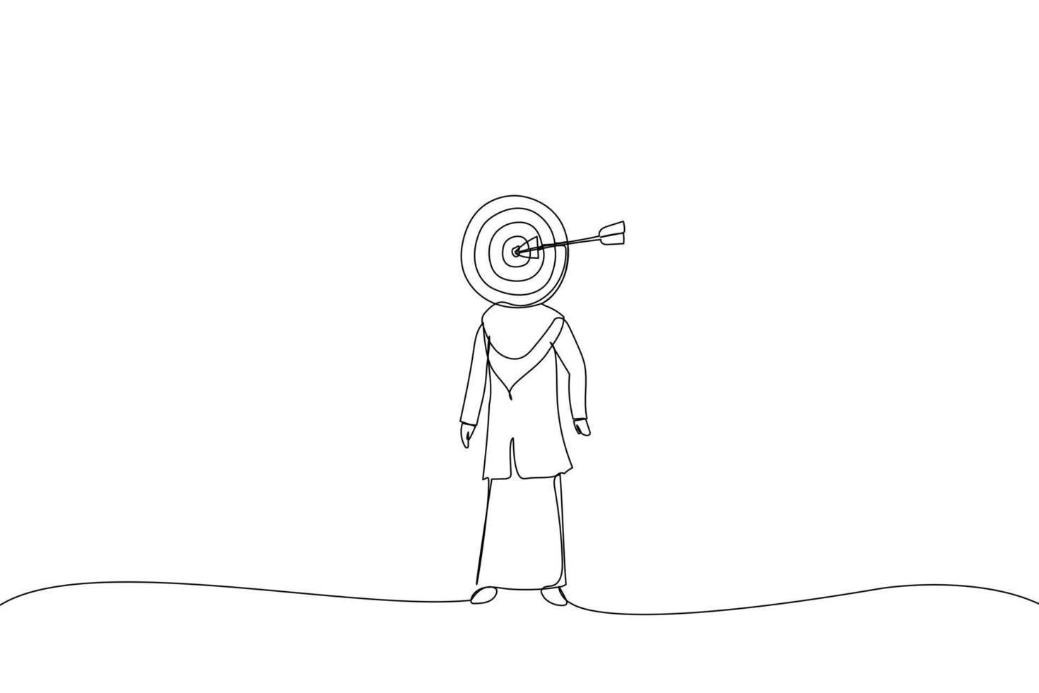 dessin animé d'une femme d'affaires musulmane se tenant comme cible humaine, métaphore de la cible de la concurrence commerciale. style d'art en ligne continue vecteur
