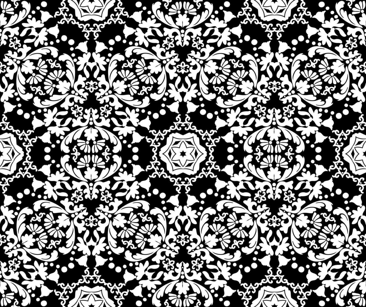 motif décoratif floral blanc sur fond noir. modèle vectorielle continue dans le style baroque. motif dentelle. couleur noir et blanc. pour le tissu, le carrelage, le papier peint ou l'emballage. vecteur