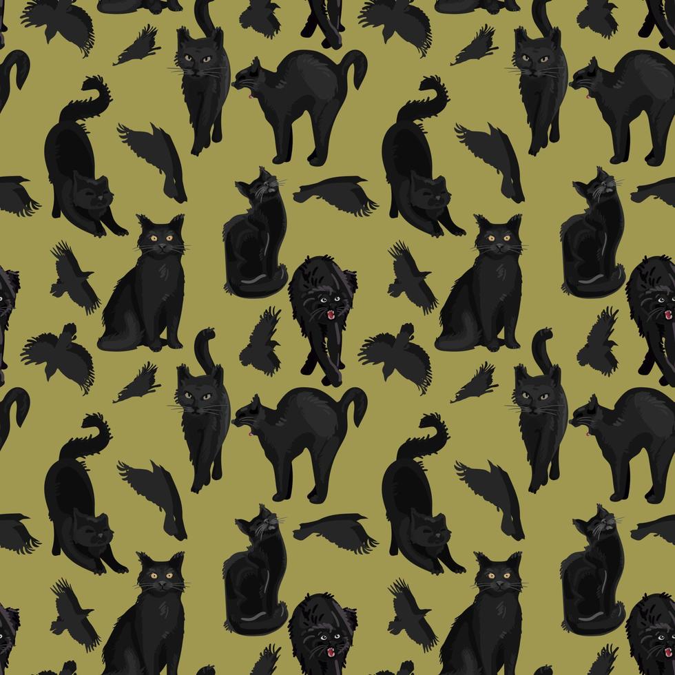 chats et corbeaux noirs à motif sans couture. chats avec des corbeaux dans différentes poses. papier d'emballage, tissus à la mode, imprimés, motifs. vecteur