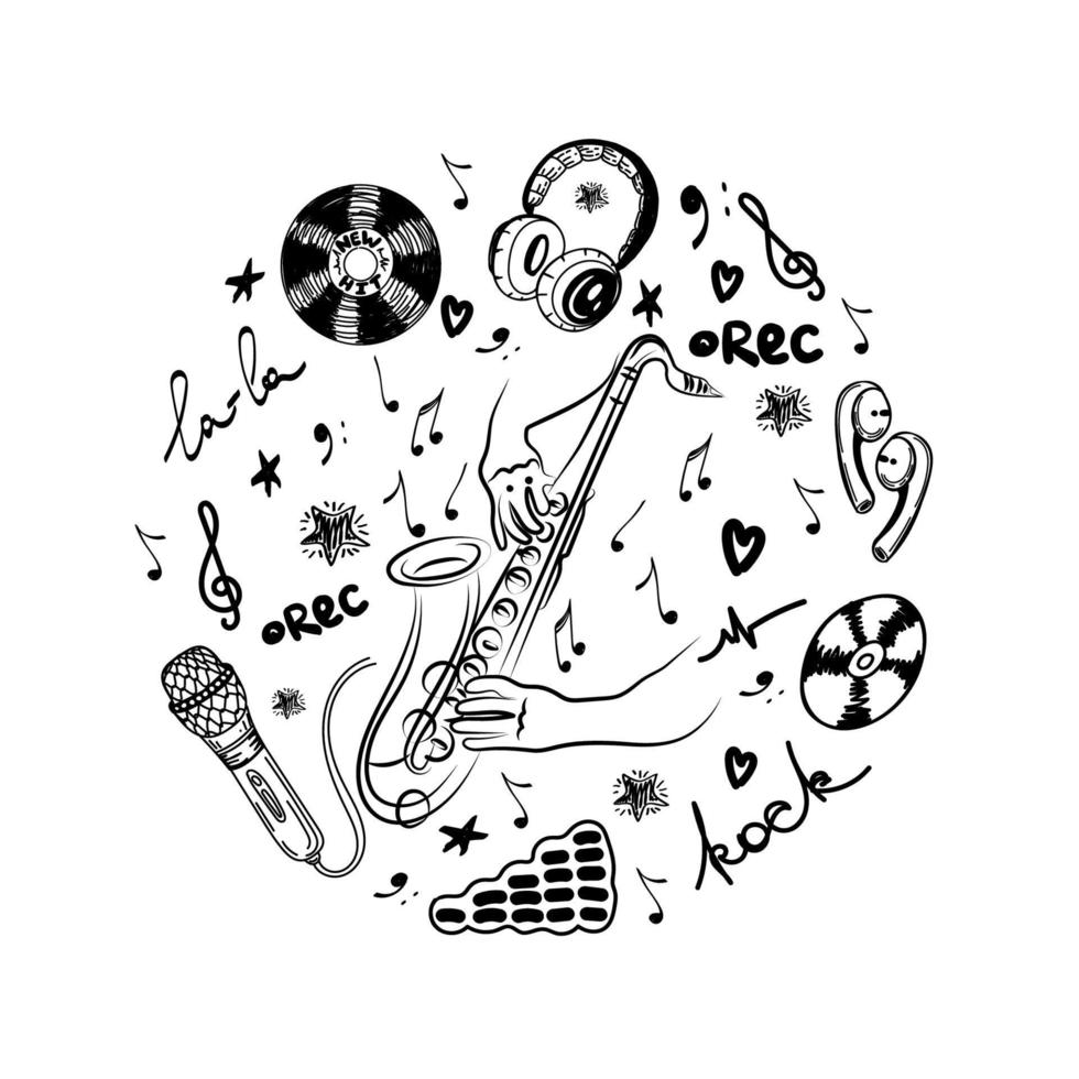 un concept dessiné à la main de jeu de saxophone inspiré. nouveau succès. microphone. mains. clé de violon et notes volantes. musique. inspiration. mains sur le saxo. illustration vectorielle isolée vecteur