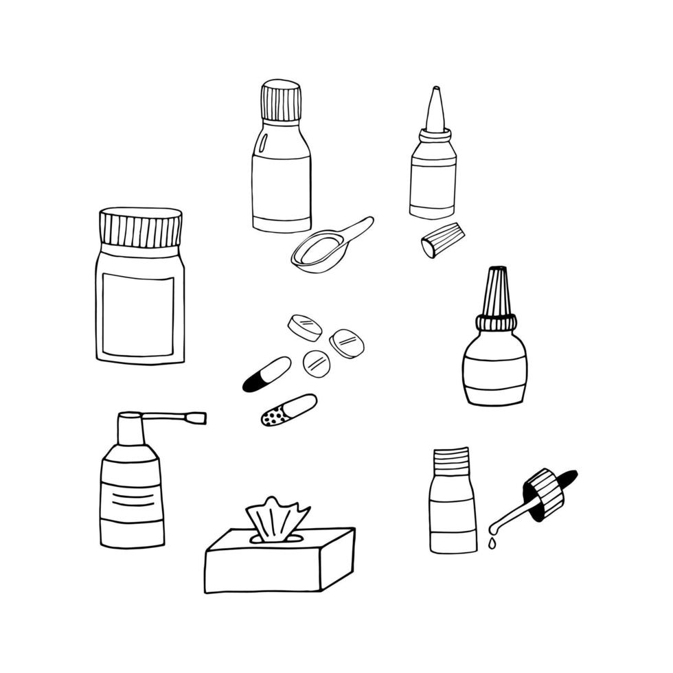 gouttes et pilules dans une bouteille avec un doodle dessiné à la main de pipette. , scandinave, nordique, minimalisme, monochrome. définir l'icône. médecine nez qui coule santé traitement vecteur