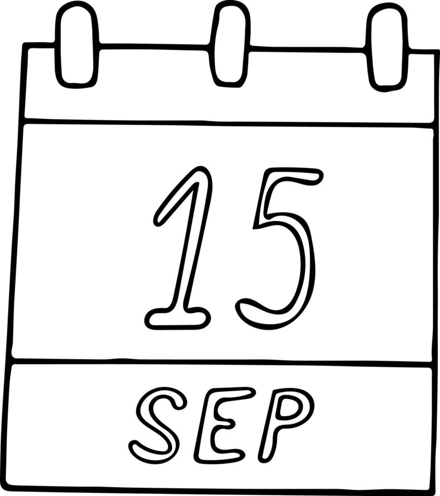 calendrier dessiné à la main dans un style doodle. 15 septembre. journée internationale de la démocratie, date. icône, élément autocollant pour la conception. planification, vacances d'affaires vecteur