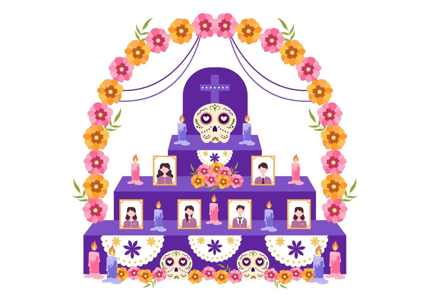 dia de los muertos ou jour des morts modèle dessin animé dessiné à la main illustration plat festival de vacances mexicain avec crânes de tatouage, maracas et sombrero vecteur