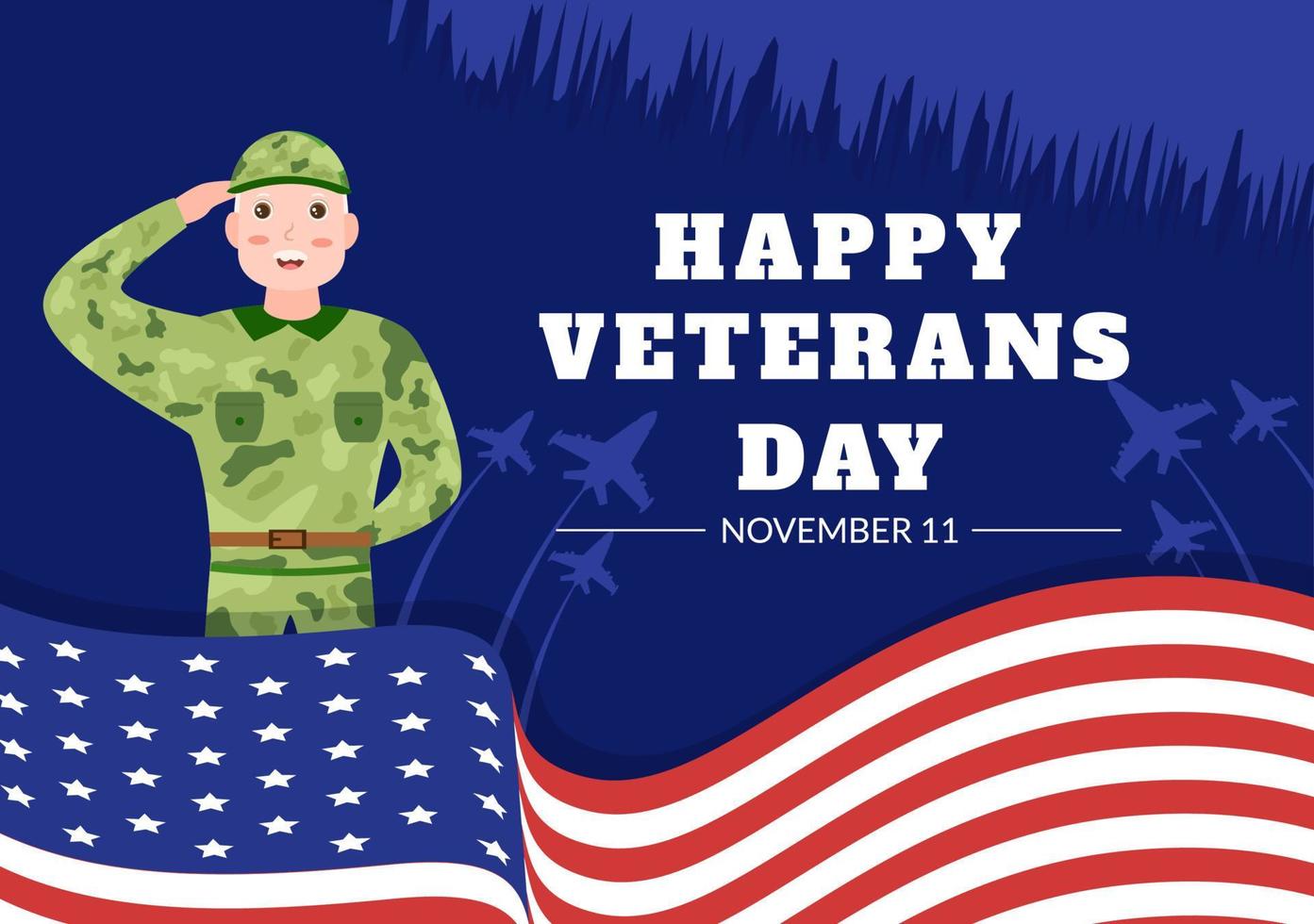 journée des anciens combattants le 11 novembre modèle illustration plate de dessin animé dessiné à la main avec le drapeau américain et l'armée pour honorer tous ceux qui ont servi vecteur
