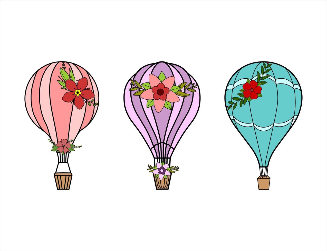 trois montgolfières avec des illustrations vectorielles de fleurs isolées sur fond blanc vecteur