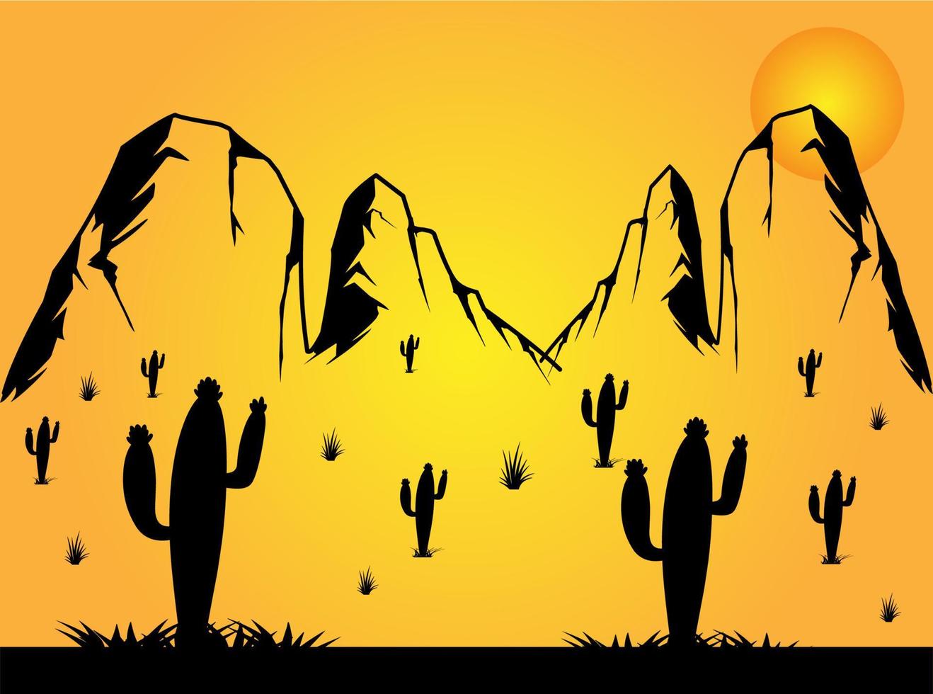 paysage désertique au coucher du soleil avec des illustrations de silhouette de cactus vecteur