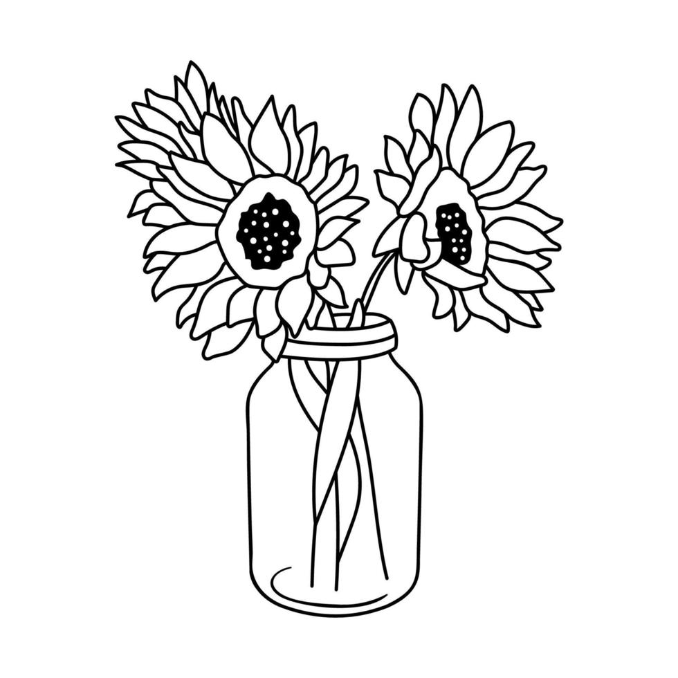 tournesols en pot. fleurs sauvages dans une bouteille en verre. illustration de contour de vecteur isolé sur blanc