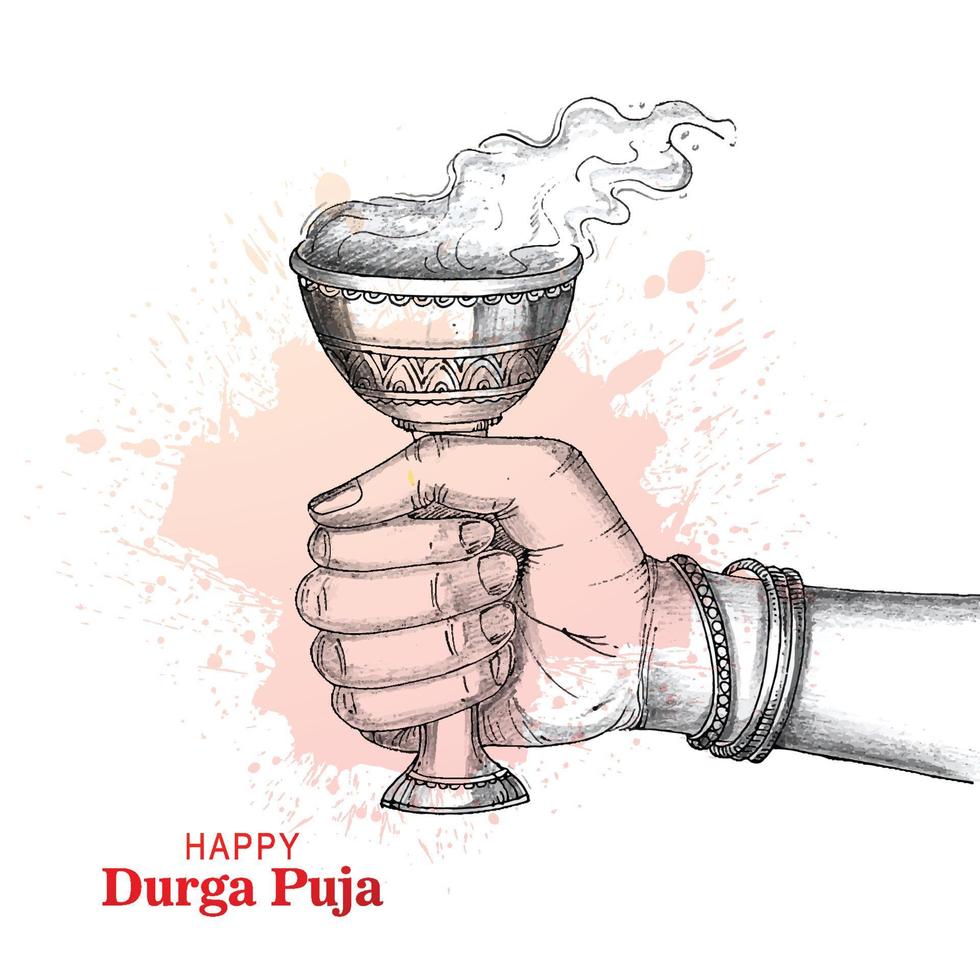 main tenant durga puja dhunuchi avec croquis de fumée fond de festival de puja indien vecteur