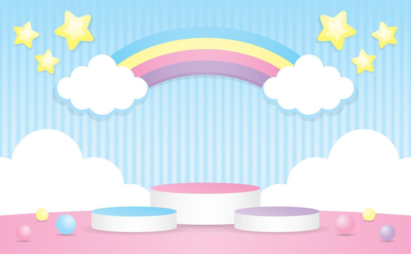 écran de podium coloré kawaii mignon avec vecteur d'illustration 3d arc-en-ciel et nuage pour mettre votre objet