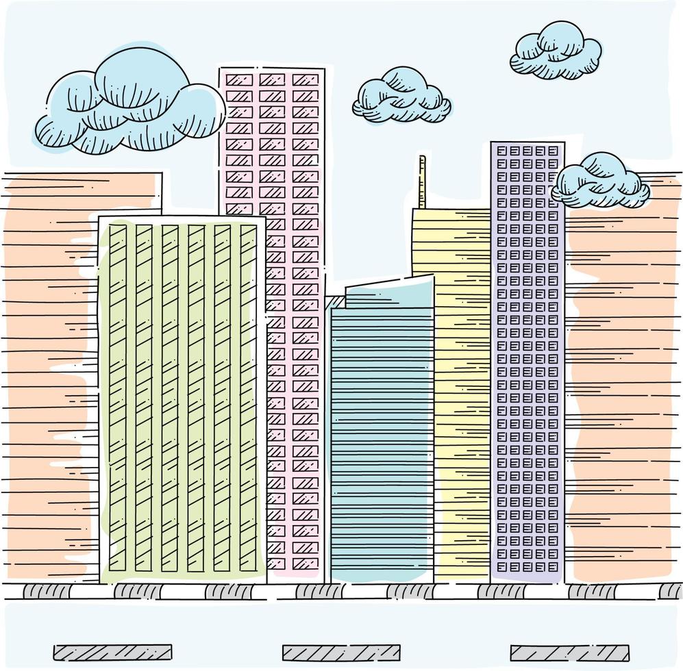 paysage urbain bâtiment doodle fond illustratif vecteur