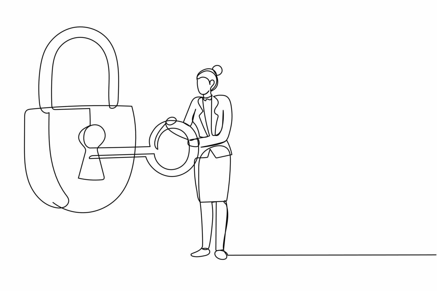 une seule ligne continue dessinant une femme d'affaires mettant une grosse clé dans un cadenas. sécurité, sûreté, protection de la propriété privée. secret, protection sécurisée. une ligne dessiner illustration vectorielle de conception graphique vecteur