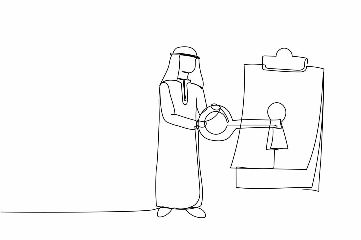 dessin en ligne continue unique un homme d'affaires arabe a mis une grande clé dans le presse-papiers. document numérique ou contrat pour la confidentialité de la protection de la sécurité avec du papier. une ligne dessiner illustration vectorielle de conception graphique vecteur