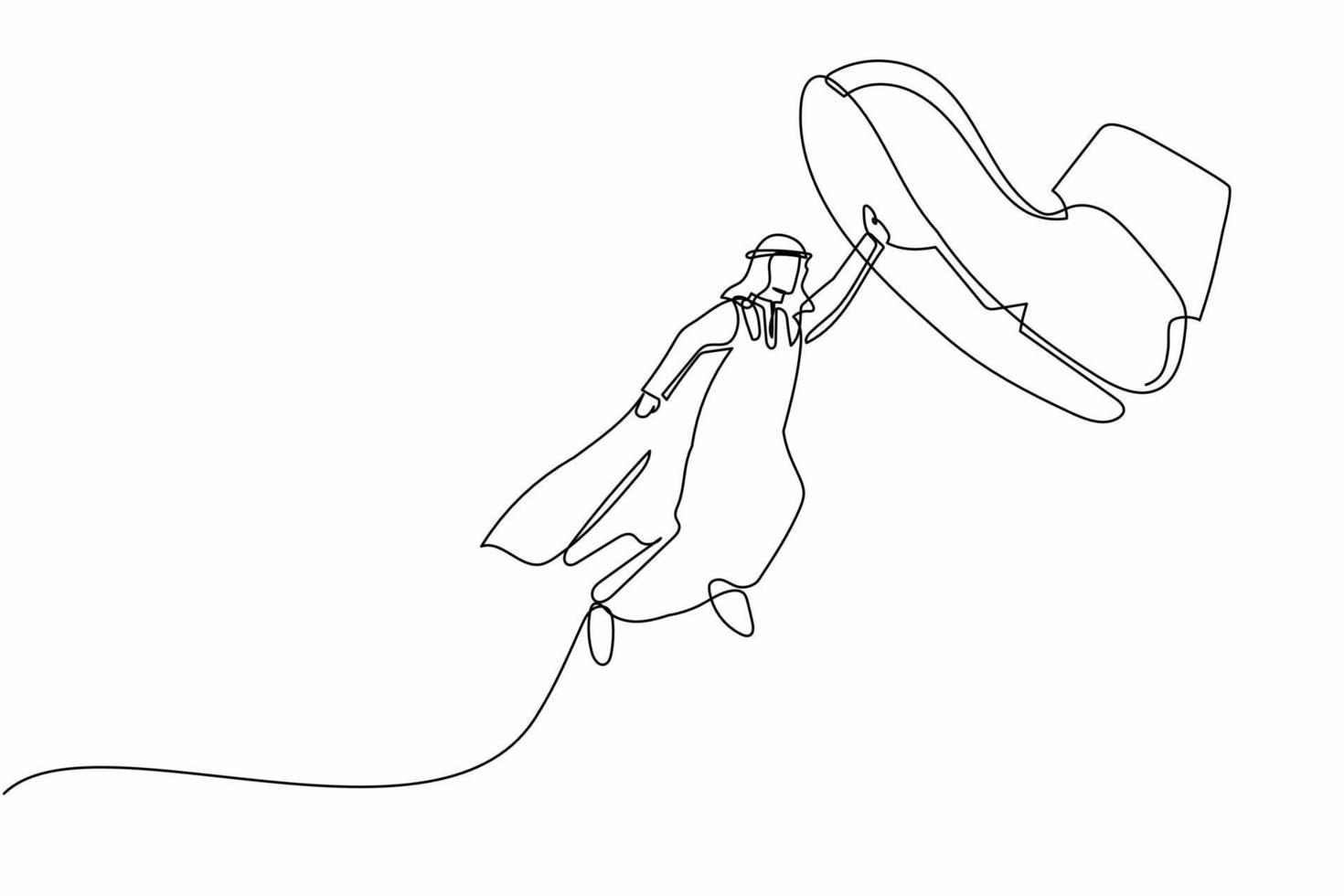 une seule ligne dessinant un jeune homme d'affaires arabe volant avec des capes de héros contre des chaussures géantes piétinant. un employé de bureau vole contre un pas de pied géant. illustration vectorielle graphique de conception de ligne continue vecteur