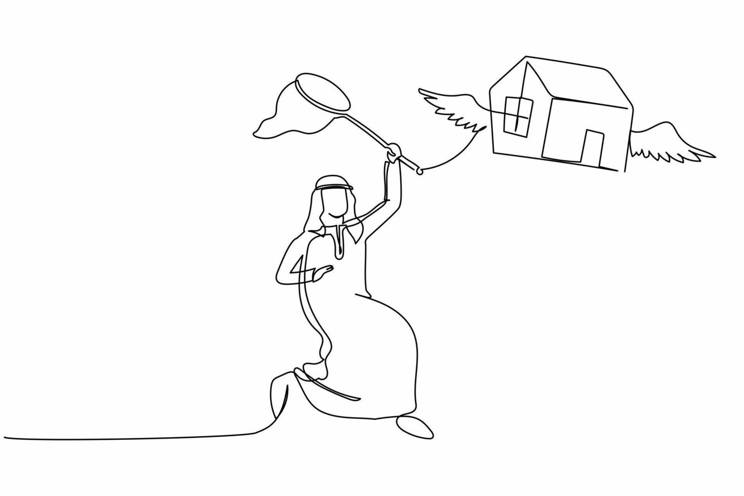 un seul dessin au trait un homme d'affaires arabe essaie d'attraper une maison volante avec un filet à papillons. les prix de l'immobilier s'envolent chaque année. métaphore commerciale. illustration vectorielle graphique de conception de dessin en ligne continue vecteur