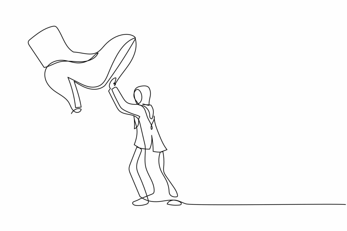 une seule ligne dessinant une jeune femme d'affaires arabe contre le piétinement de chaussures géantes. une employée pousse contre un pas de pied géant. métaphore minimale. illustration vectorielle graphique de conception de dessin en ligne continue vecteur