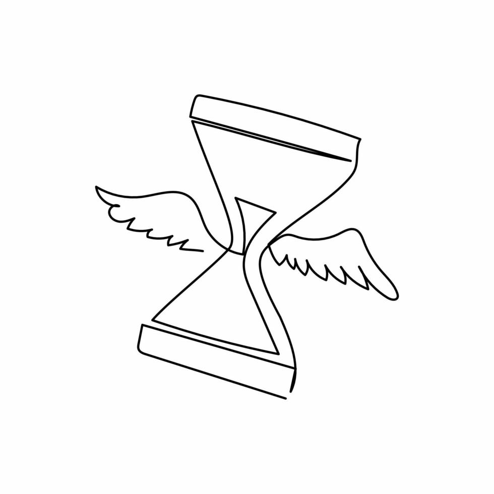 une seule ligne dessinant un sablier volant avec des ailes. sablier d'horloge de sable volant et symbole du logo de l'heure. métaphore du délai de verre de sable ailé. illustration vectorielle graphique de conception de ligne continue moderne vecteur