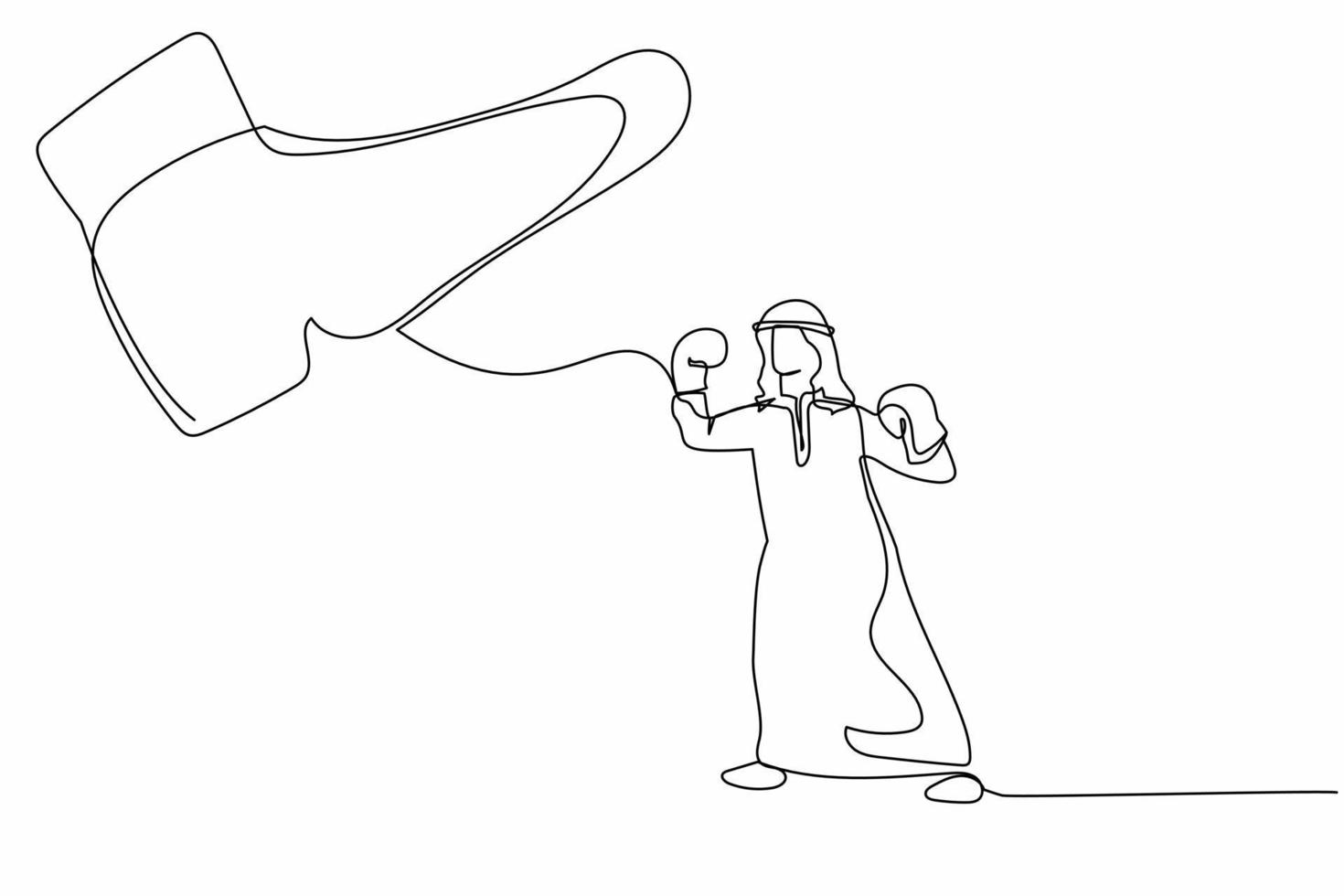 dessin en ligne continu d'un homme d'affaires arabe actif frappant un uppercut sous un gros pied. travailleur masculin contre patron dictatorial. métaphore du minimalisme. illustration graphique vectorielle de conception à une seule ligne vecteur