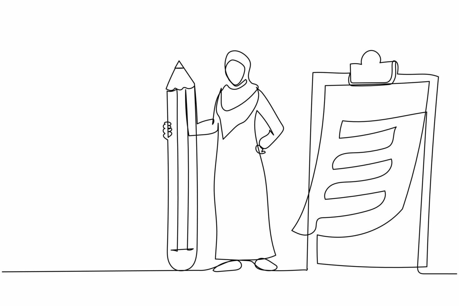 une seule ligne dessinant une femme d'affaires arabe avec un crayon, un presse-papiers, une liste de contrôle terminée. travailleuse tenant un gros crayon regardant la liste de contrôle remplie. ligne continue dessin illustration vectorielle de conception vecteur
