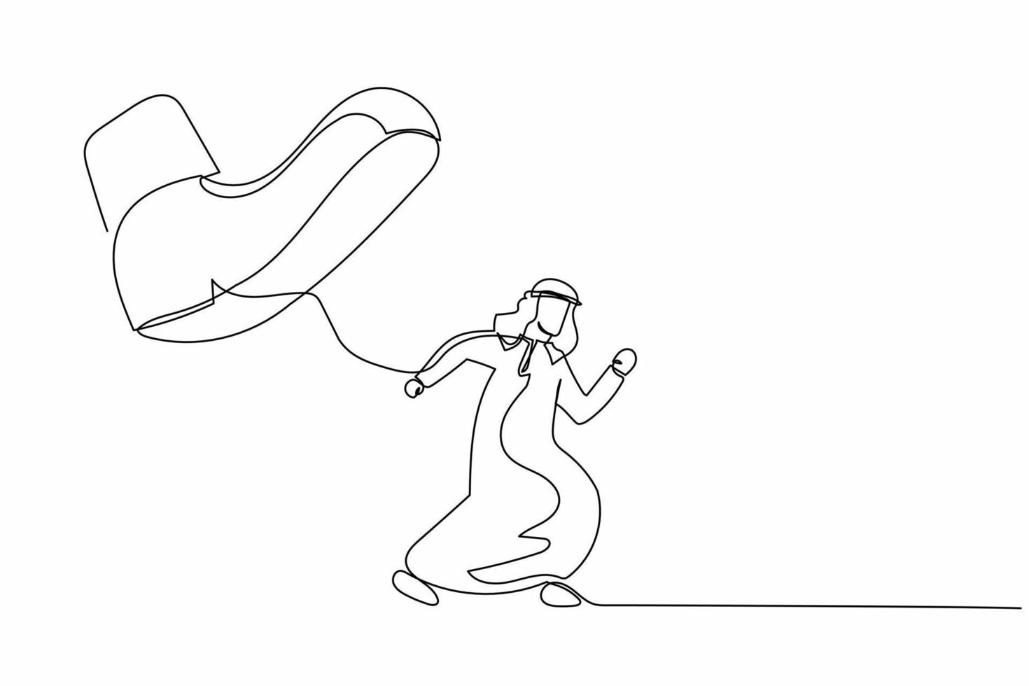 dessin continu d'une ligne un homme d'affaires arabe courageux s'enfuit du pied piétinant. employé de sexe masculin opprimé par le patron avec une grosse chaussure. métaphore minimaliste. illustration vectorielle de dessin à une seule ligne vecteur