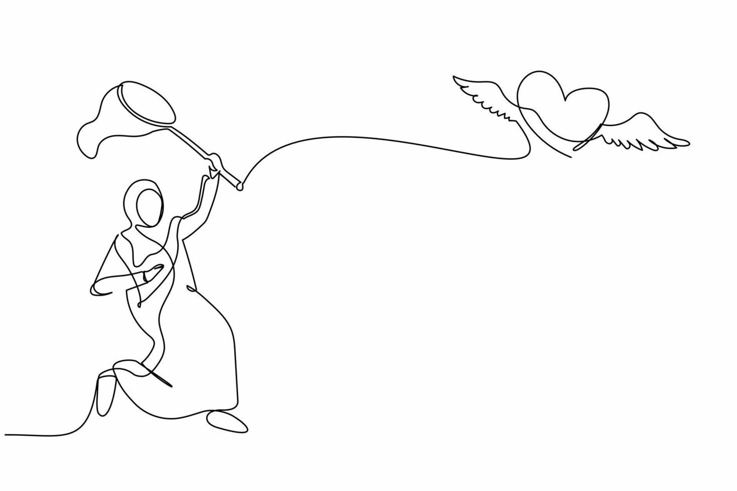 une seule ligne dessinant une femme d'affaires arabe essayant d'attraper un coeur volant avec un filet à papillons. notion de rupture. relation qui ne peut pas durer. illustration vectorielle graphique de conception de ligne continue vecteur