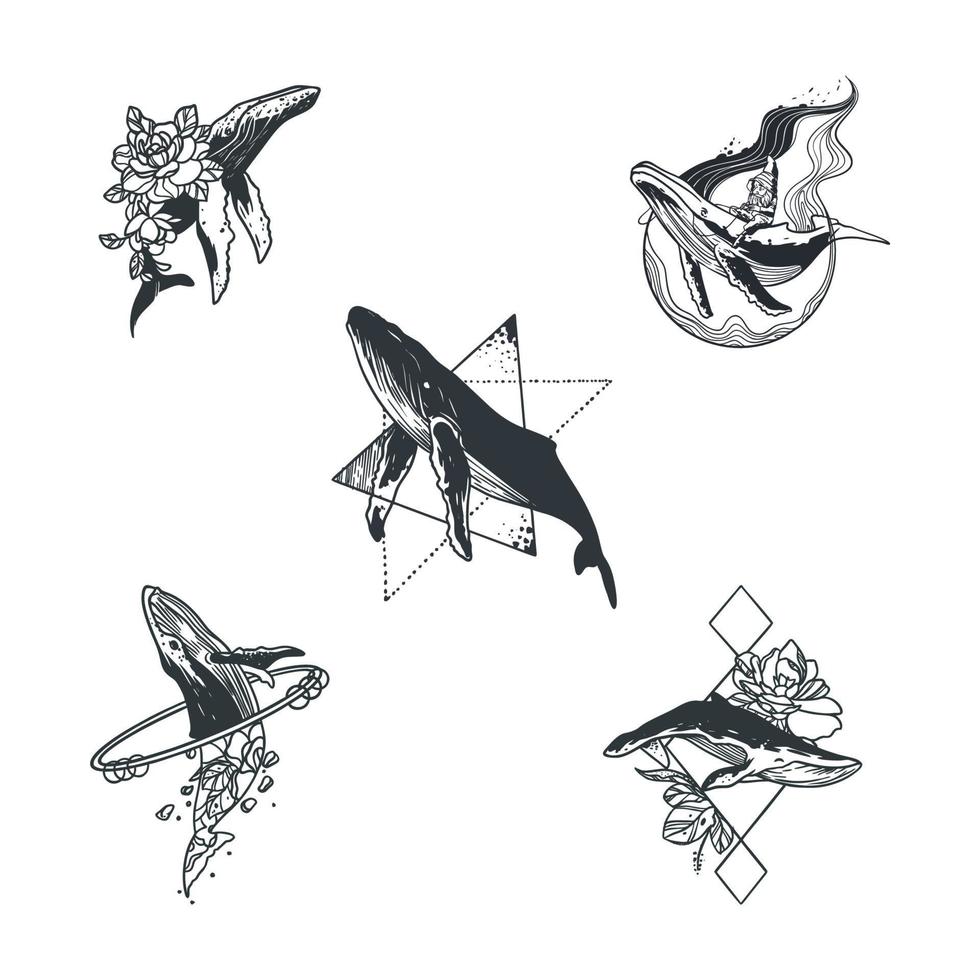 ensemble d'autocollants de thème de baleine de tatouage minimaliste vecteur